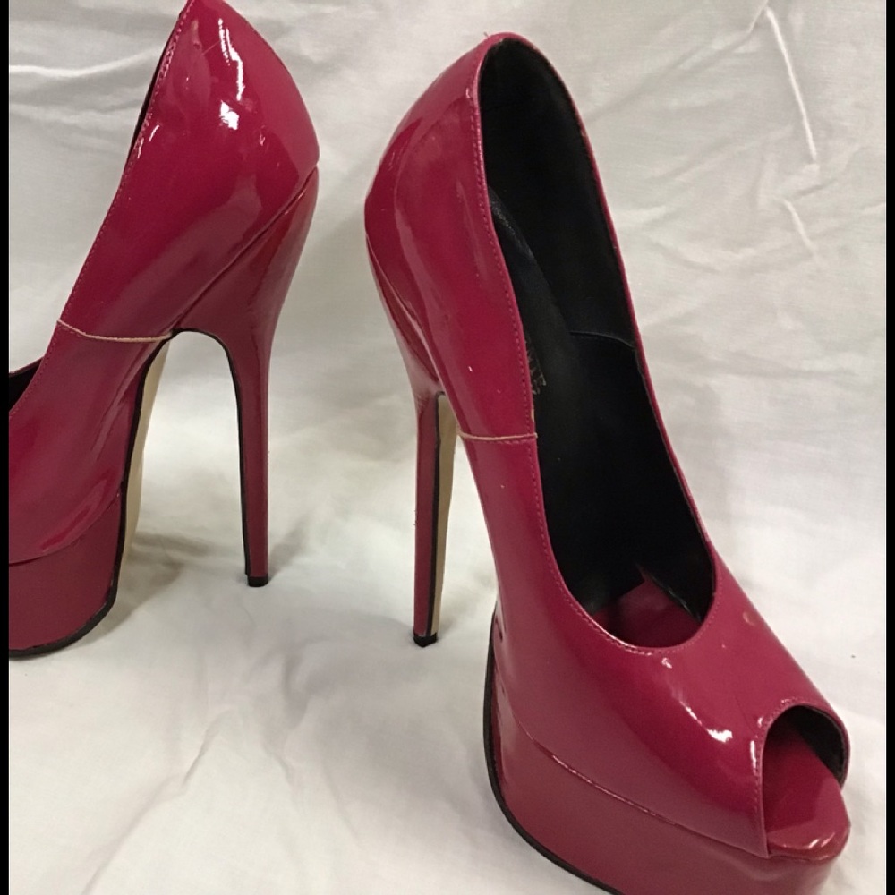 Pink platforms peep toe heels